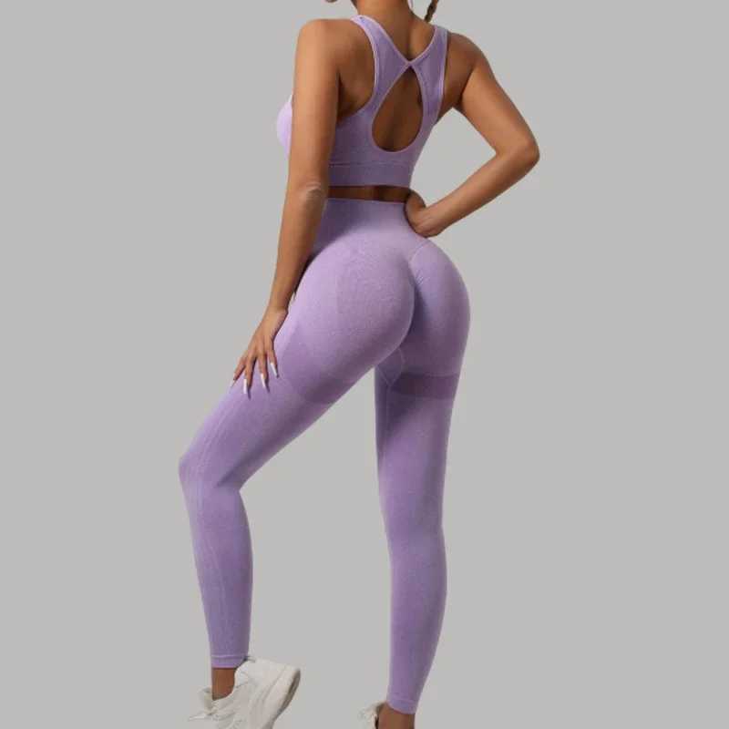 Milegirl Hollow Back Yoga Bra Set Suitable for Women 2-piece Seamless Sports Pants Set High Waist Fitness Gym Leg Exercise Tight W250326