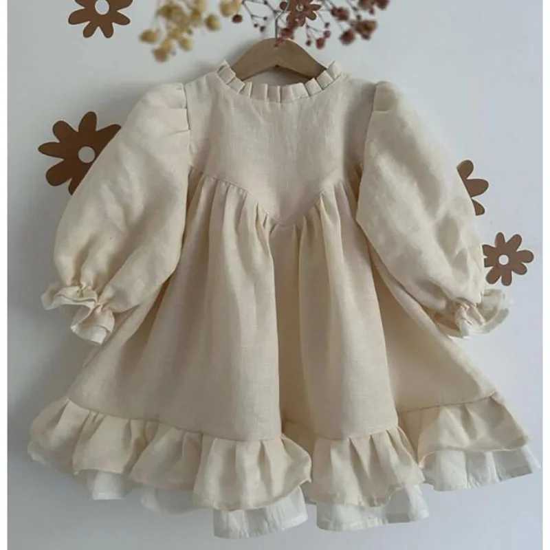 Spring Toddler Large A-line Girl Dress Linen Dress Girl Puff Sleeve Princess Childrens Clothing Patch Dress 2-7Y W250326