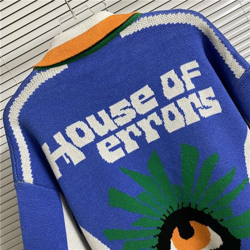 New HOUSE OF ERROR Football Suit Style Blue White Contrast Color Geometric Pattern Jacquard Polo Collar Man Short Sleeve Sweater