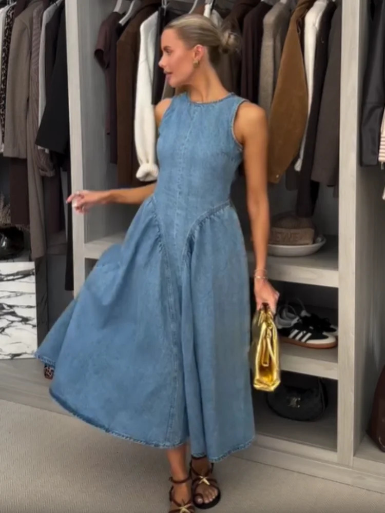 Sexy Women Backless Lace Up High Waisted Denim Dress Fashion O Neck Sleeveless A Line Dresses Spring Chic Lady Street Robes 250325