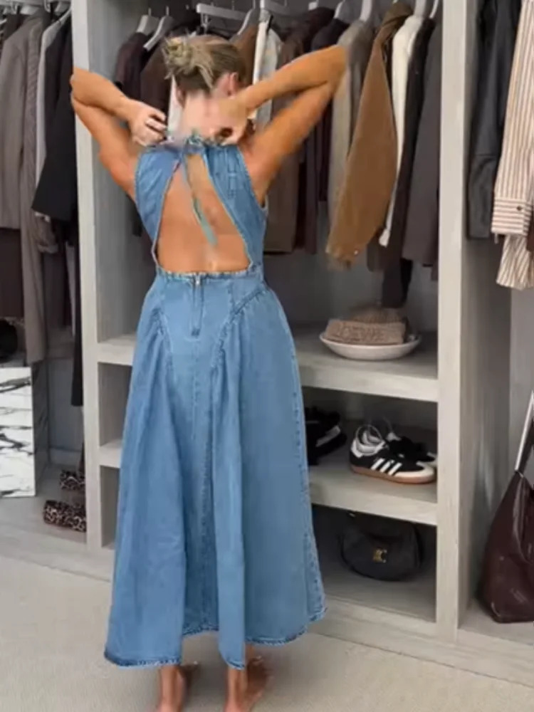 Sexy Women Backless Lace Up High Waisted Denim Dress Fashion O Neck Sleeveless A Line Dresses Spring Chic Lady Street Robes 250325