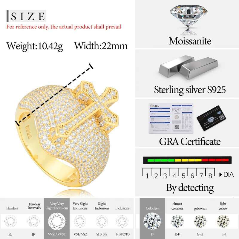 TUHE Unisex Men Cross Finger Ring Iced Out Moissanite Prong Setting Fashion Luxury For Men Hip Hop Jewelry Gift