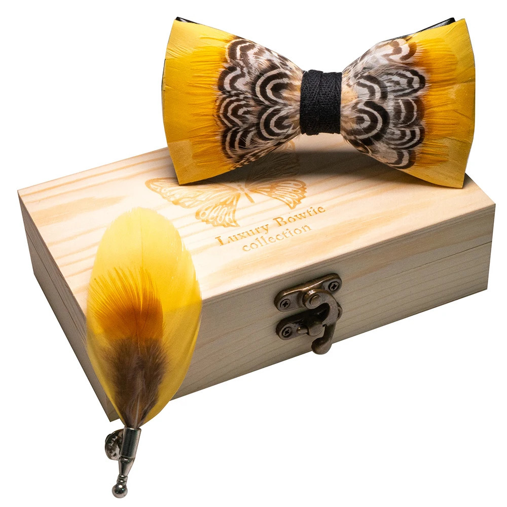 JEMYGINS Original Bow tie Natural Feather Exquisite Hand Made Men Bow Tie Wooden Gift Box Set Wedding party 250319