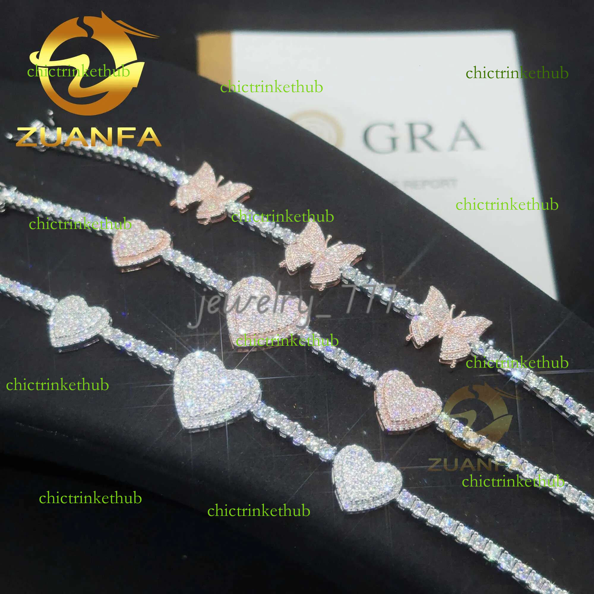 Iced out Jewelry 3mm Moissanite Tennis Heart Butterfly Hip Hop Sier Bracelet VVS moissanite tennis chain