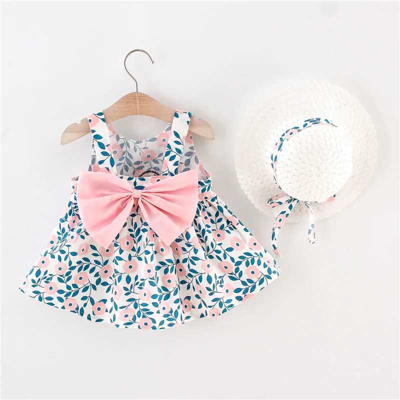 Summer New Floral Beach By Baby Girl Dress Sweet Bow Childrens Clothing With Free Hat(9 Months - 3 Years Old) W250326