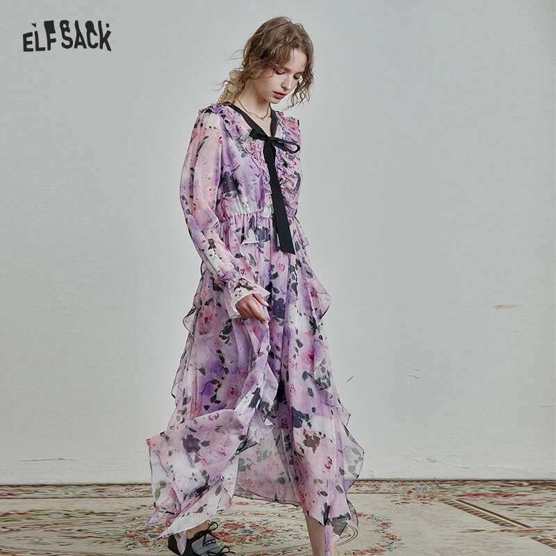 ELFSACK 2025 Spring New Arrivals French Elegant Print Bow Tie Chiffon Pleated Ruffles Vacation Long Dress