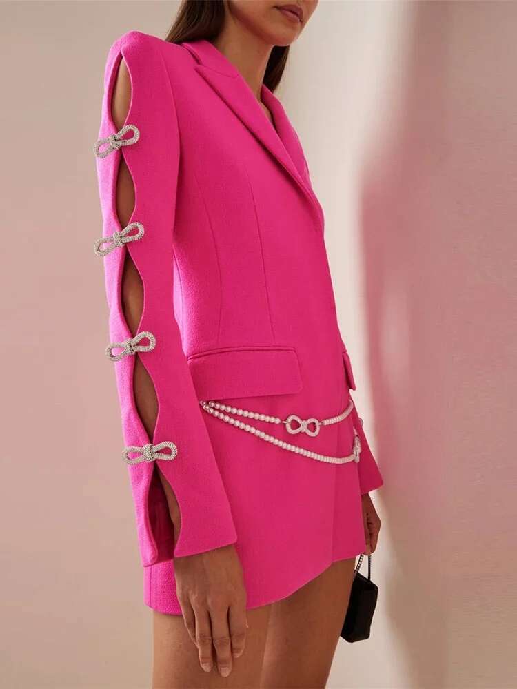 HIGH STREET Newest 2025 Designer Stylish Fashion Women's Pearls Chain Dias Beaded Hollow Out Bow Sleeve Blazer Dress