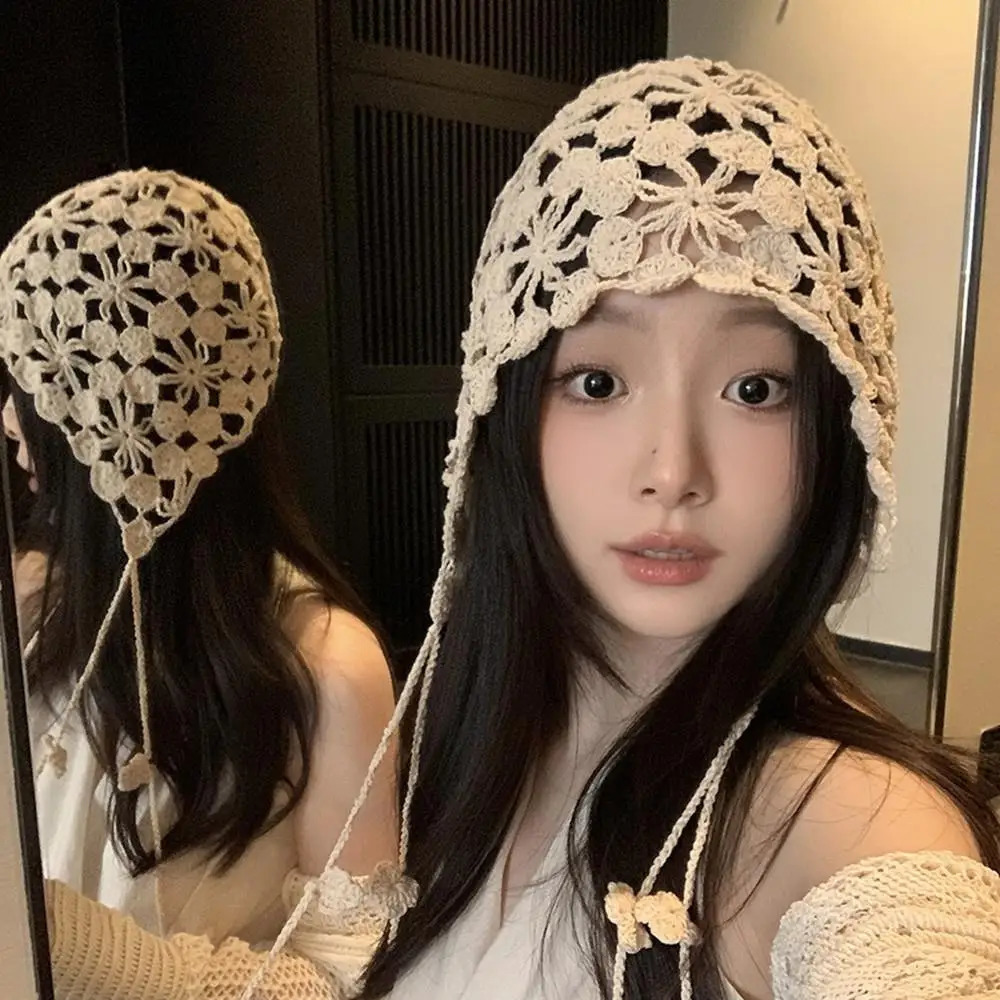 Handmade Hollow Out Crochet Knit Women Beanie Cap With Braid Spring Breathable Flower Berets Casual Pullover Skullies Hat Y2K 250321