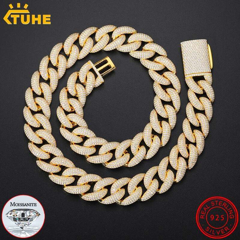 TUHE Unisex High Quality Multi-row Moissanite Stone VVS1 Moissanite Cuban Chain Necklace 925 Silver For Men Hip Hop Jewelry
