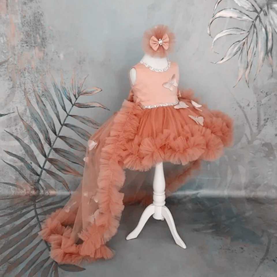 Fluffy girl pink baby dress with train flower girl dress bow cute childrens birthday dress Frist exchange W250326