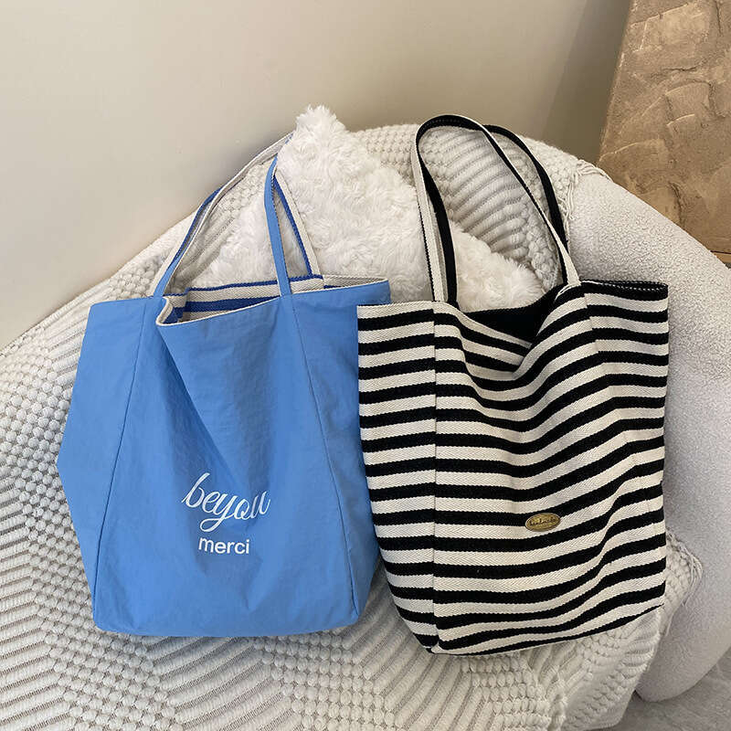 Striped canvas 2024 new Korean style ins casual single shoulder large capacity tote shopping bag