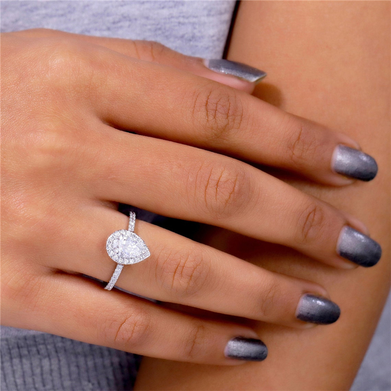 Jewelry 14K White Real Gold 0.7 Carat Pear Cut Lab Diamond Halo Ring Lab Grown Diamond Wedding Half Band Ring Womens Engagement Ring