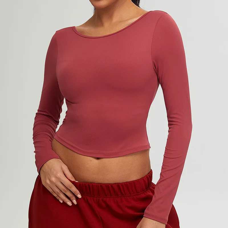 Sexy womens long sleeved top yoga shirt running T-shirt fitness gym exercise push up top training crop top solid color W250326