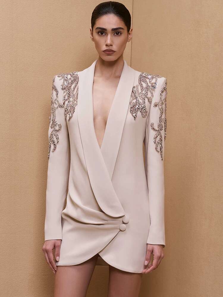 HIGH STREET Newest Fashion 2024 Designer vestido Women's Shawl Collar Beaded Draped Blazer Dress