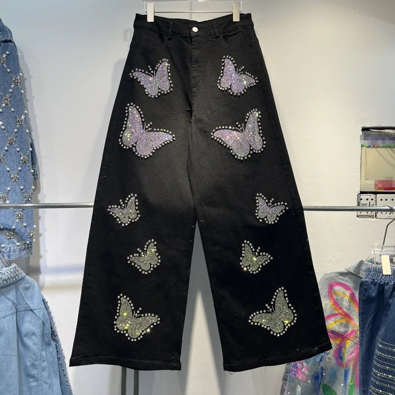 Heavy Industry European Style Beaded Diamond Bow Wide Leg Casual Jeans 2025 Early Spring Cool Black Dress 250317