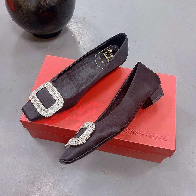 Women's 2023 Black Classic French Shallow Mouth Rhie Buckle Flat Shoes Square Toe Thick Heels