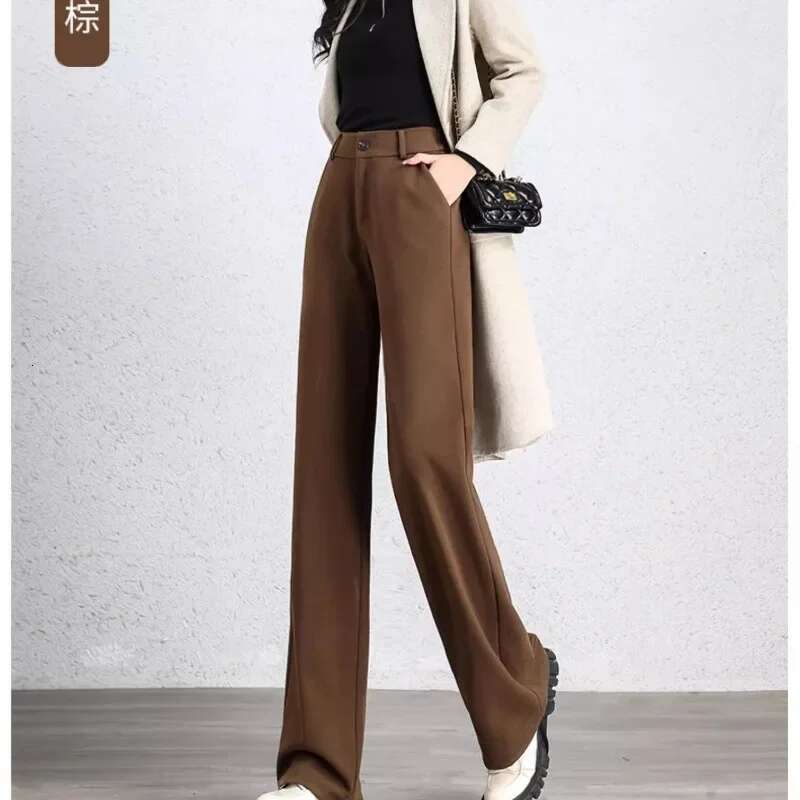 Autumn And Winter Women's Solid Color Loose Woolen High Waist Wide Leg Pants Elastic Pockets Fashion Casual Commuter Trousers