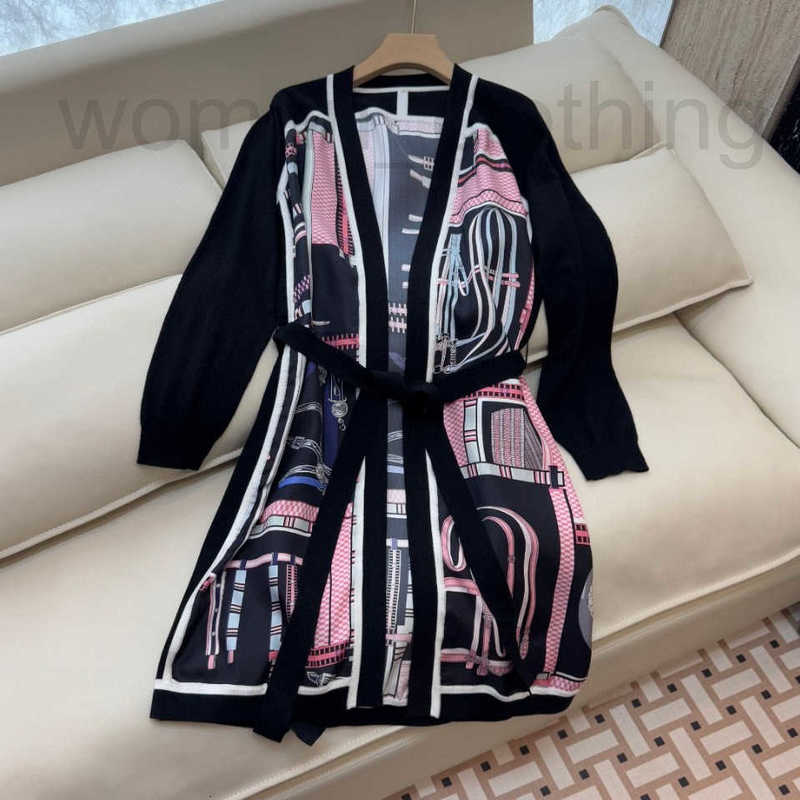 Women's Knits & Tees Designer French 25 Spring/Summer New Product Positioning: Silk Splicing Knitted Long Sleeve Cardigan Coat Long Knitted Sweater ZMQ7