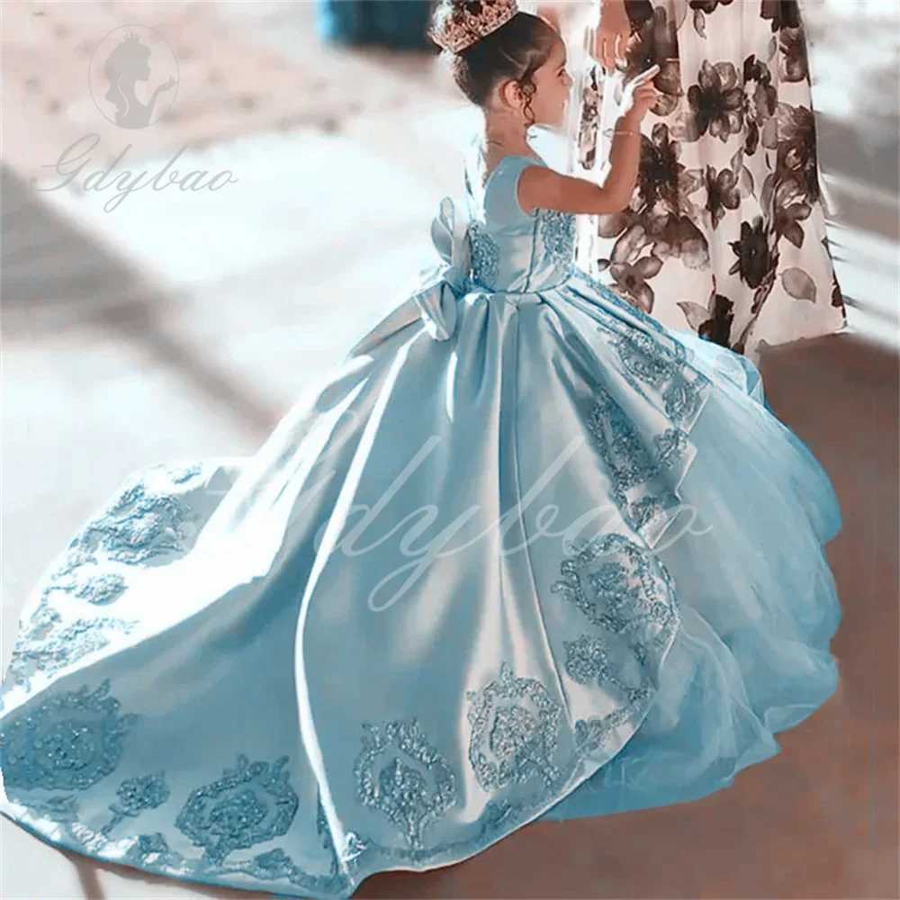 Flower girl dress childrens dress with beads girls long dress birthday dress lace back satin dress formal dress W250326