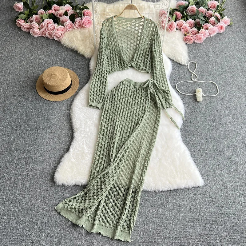 Beach Sexy Knitted Bikini Swimwear Cover up Sun Protection Set Womens Pure Color Beachwear Ensemble Fashionable Chinese 250324