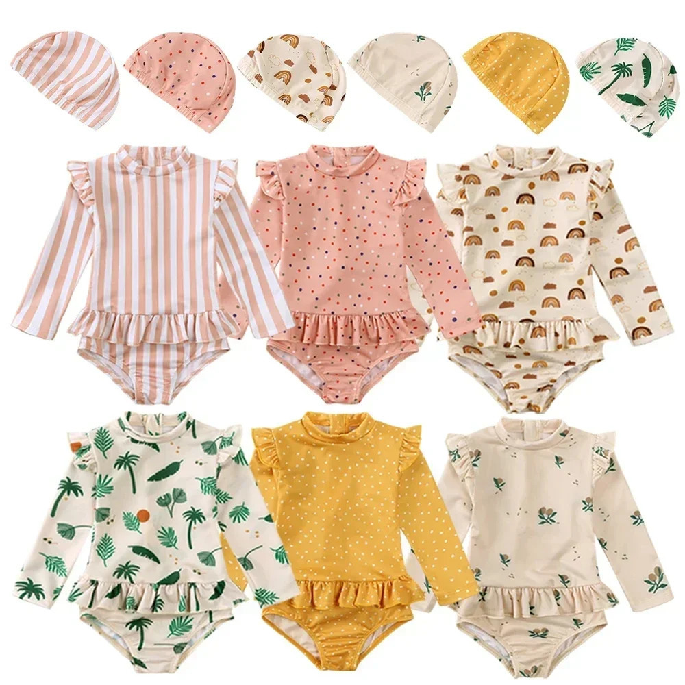 Girls Cute Backless Floral One-piece Swimsuit Baby Bikini Swimwear with hat Sun-proof Beach Vacation Toddlers Kids Chic Swimsuit 250326