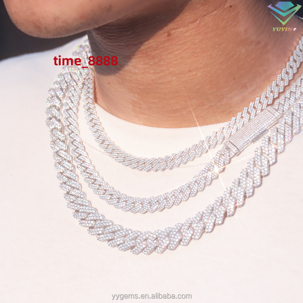 High Quality 100% Pass Tester 8mm-15mm 2Rows VVS Moissanite Diamond Sterling Silver Cuban Link Chain Rapper Hip Hop Necklace