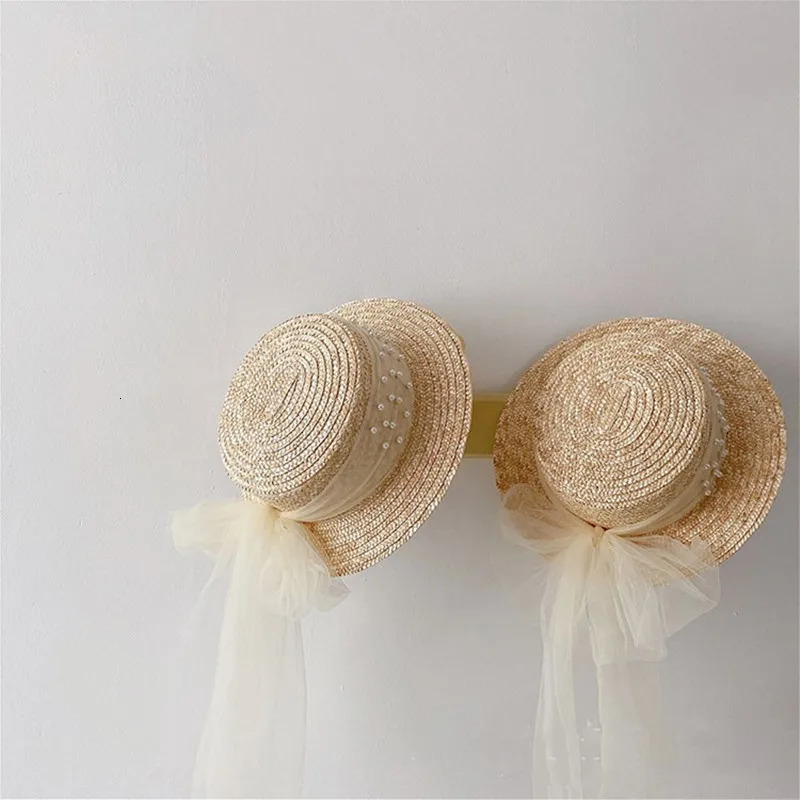 Elegant Fashion Mother Daughter Sunhats Lace Mesh Pearls Hat Cap Outdoor Beach Sunprotection Summer Straw Hat for Adult and Girl 250326