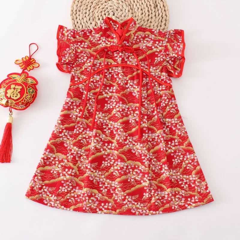 Girl Chinese Chiffon Red Flower Pattern Childrens Clothing Performance New Year Childrens Clothing Youth Par Clothing W250326