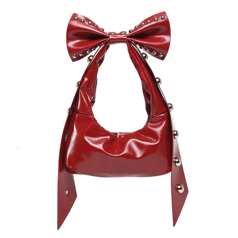 Bow Rivet Tote Red Black Motorcycle Y2k Punk Four Seasons Sexy Hot Girl Bag PU Shoulder Bags Zipper Crossbody Handbag