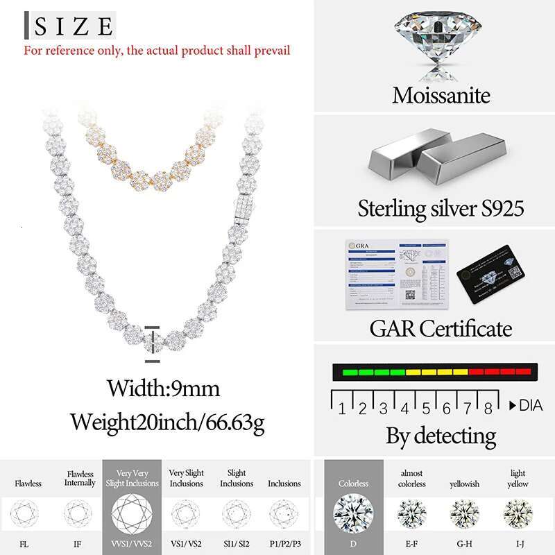 10mm Moissanite VVS1 Unisex Necklace Chain 925 Silver For Women Iced Out Chain Link Necklace Unisex Fine Hip Hop Jewelry