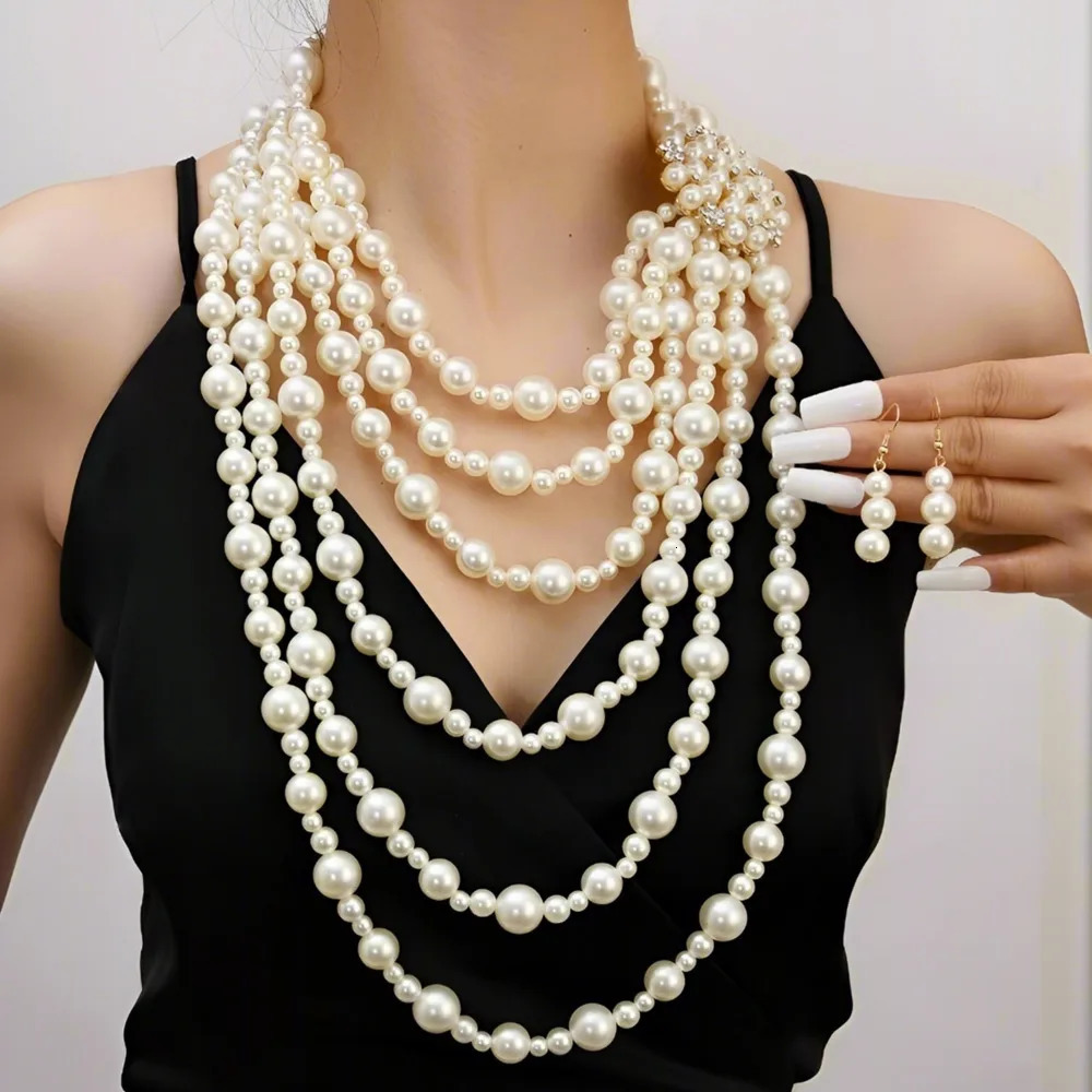 Trendy Multi-layer Handmade Imitation Pearl Rhinestone Flower Long Statement Necklace And Earring Jewelry Set For Women 250318
