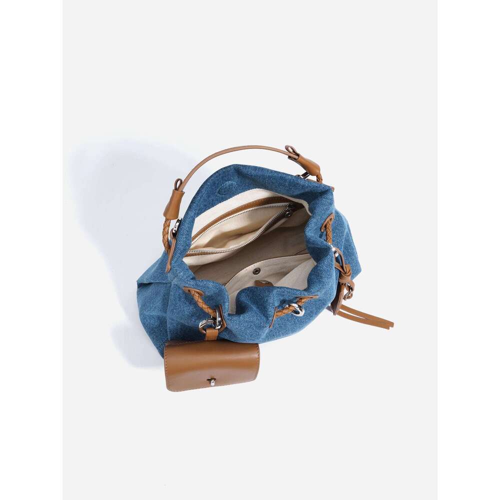 Women's Bags New Niche Design Denim With Genuine Leather Cloud Fashionable And Versatile Bucket Bag, Hand-Held Crossbody Bag For Women