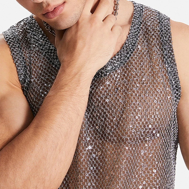 Nightclub Sexy Mens Tank Tops Mesh Sequin Glitter Hollow Out Transparent Vest Men Summer Fashionable Sleeveless Mesh Camisoles250324