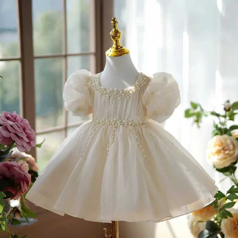 Customized ivory flower girl wedding dress for wedding pearls elegant bow and knee length childrens birthday parties sacred banquet dresses W250326