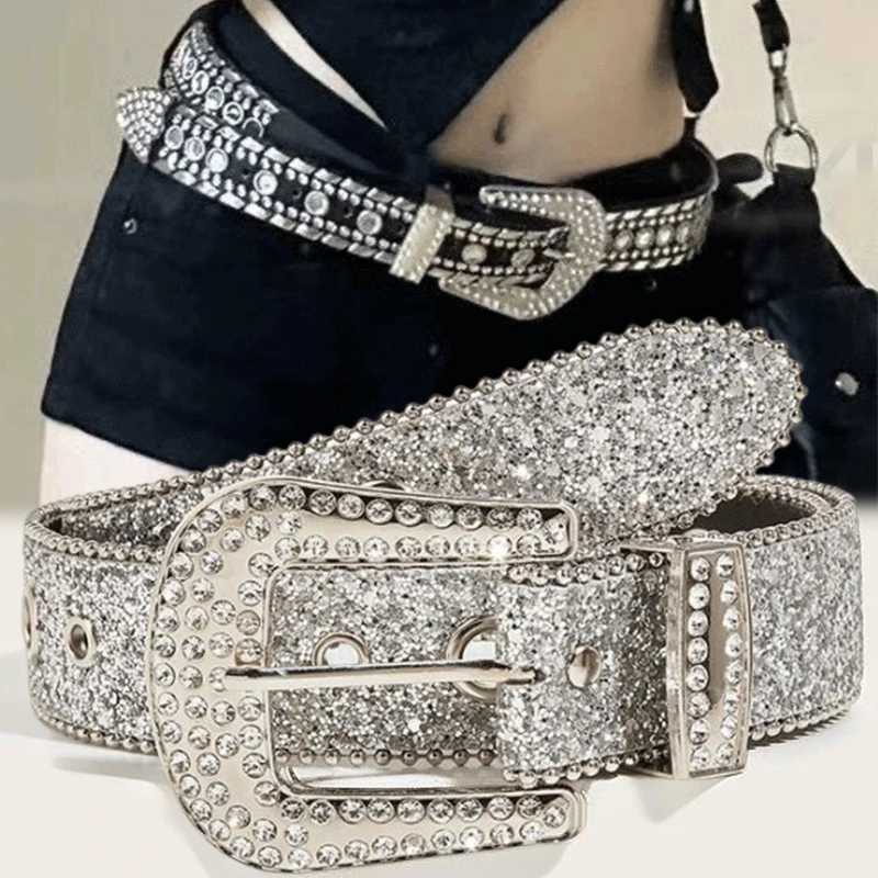 Y2K Womens Fashion Solid Printed Stud Full Water Diamond Belt with PU Leather Sparkling Crystal Adjustable Sparkling Belt Suitable for Club Parties W2