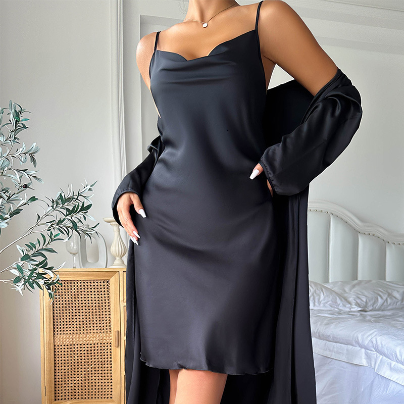 Spring style sexy warm women's home clothes, camisole nightgown, mid to length nightgown set, spring and summer long sleeved pajamas