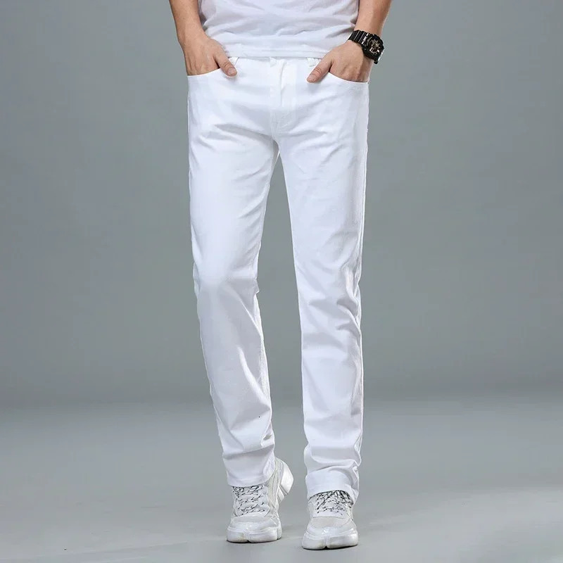 Classic style mens formal white jeans business intelligence fashion denim highend elastic cotton Trouser pants 250326