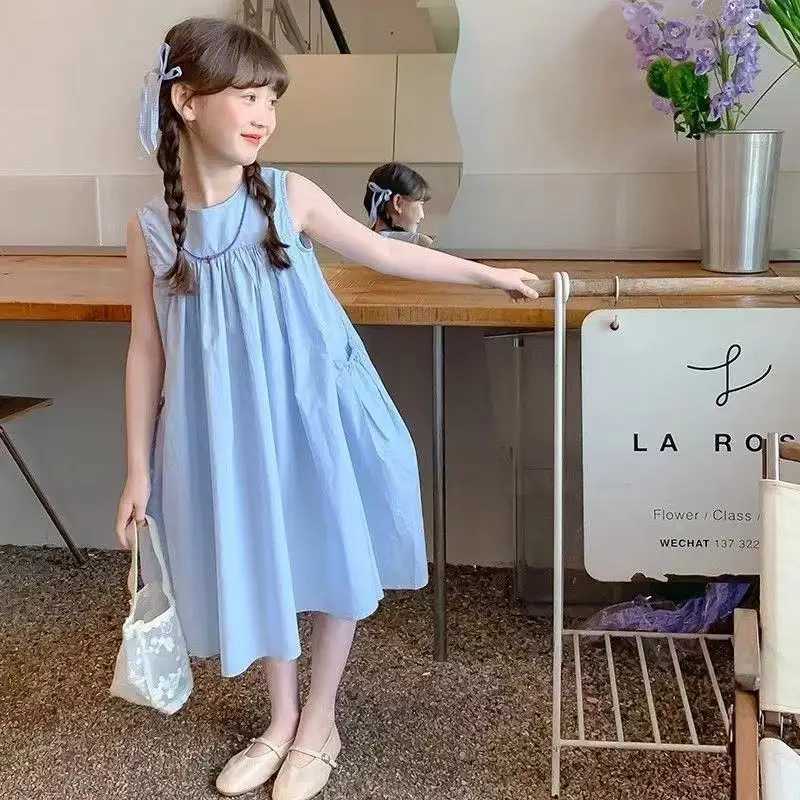 UNITIM Summer 2-12-year-old childrens and girls dress solid pleated sleeveless pocket childrens and girls dress cute loose teenage girls dress W250326