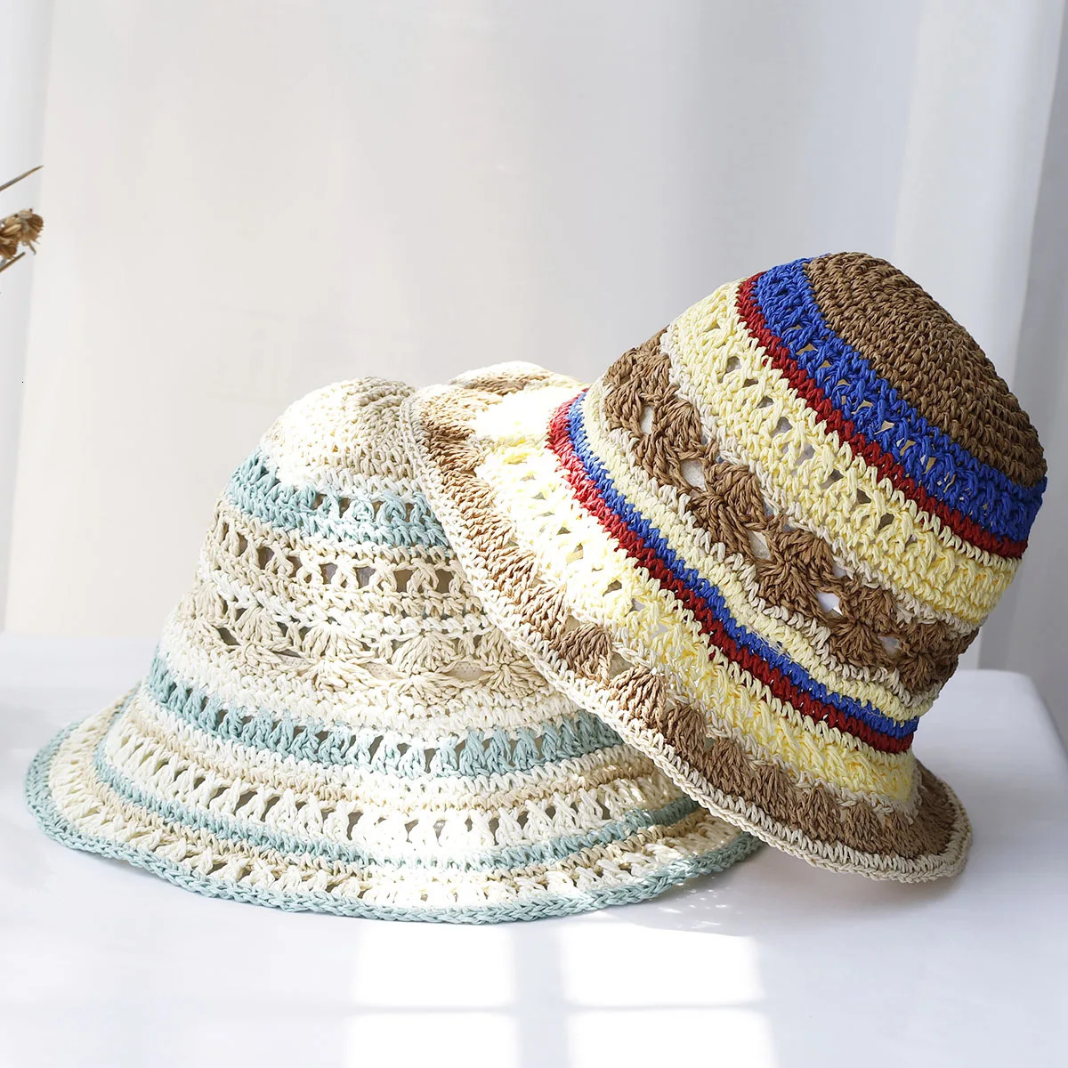 Handmade Rainbow woven womens sunscreen hat summer Japanese straw hat protective fashion breathable hollow beach sun hat 250326