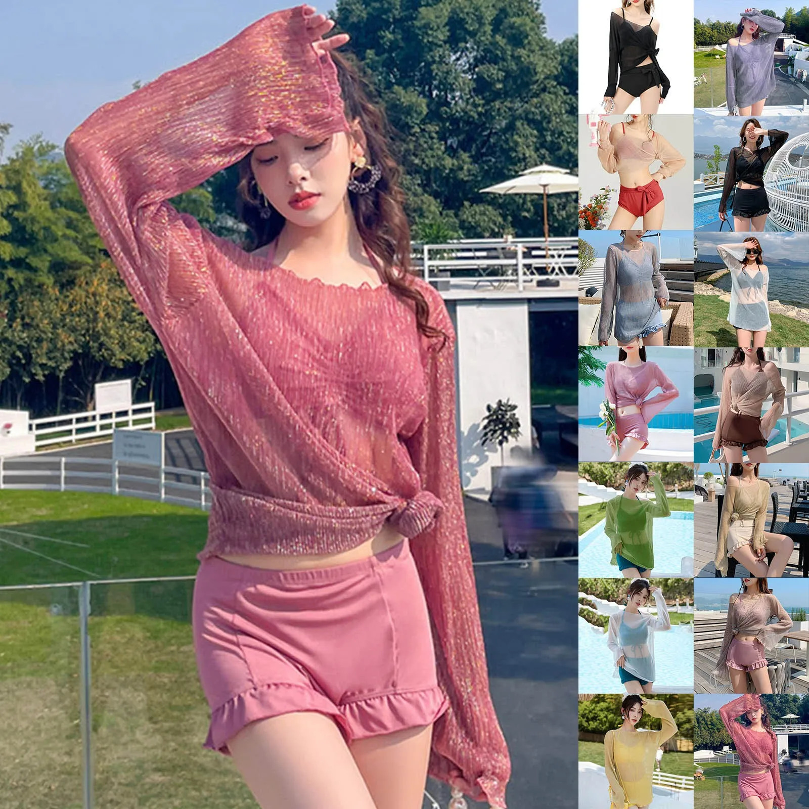 Bikini Set Women Sexy Swimsuit Halter Lace Up Three-Piece Long Sleeve Pleated Swimwear Fashion Bathing Holiday Beachwear 250324