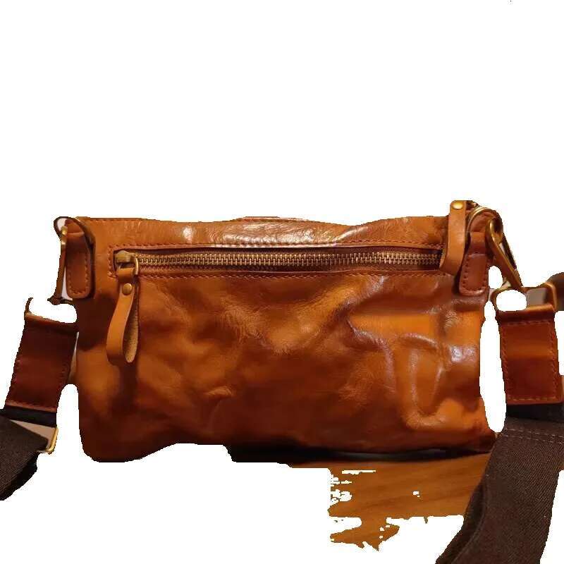 Vintage Natural Genuine Leather Pleated Men's Small Crossbody Designer Outdoor Daily Light Real Cowhide Shoulder Bag