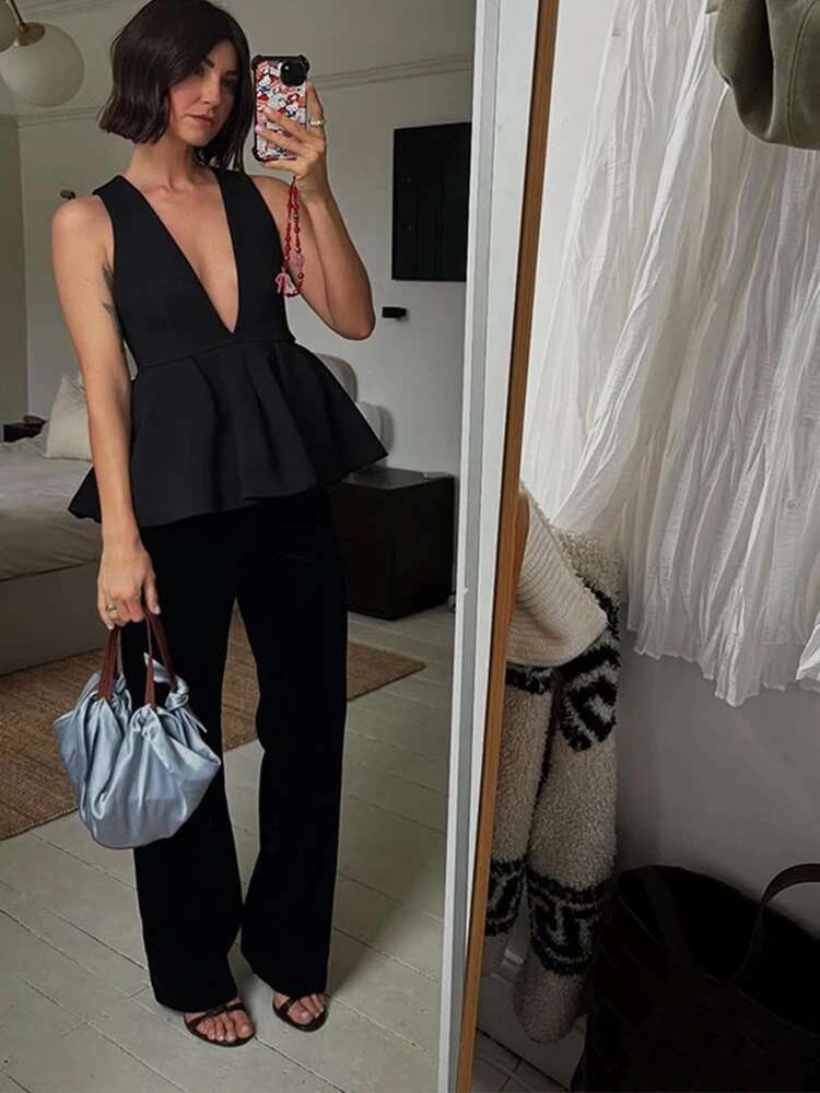 Ruffled Hem Tank Top Pants Sets Women Deep V-neck Sleeveless Zipper Chic Vest Tops High Waist Loose Harem Trousers Suits Female