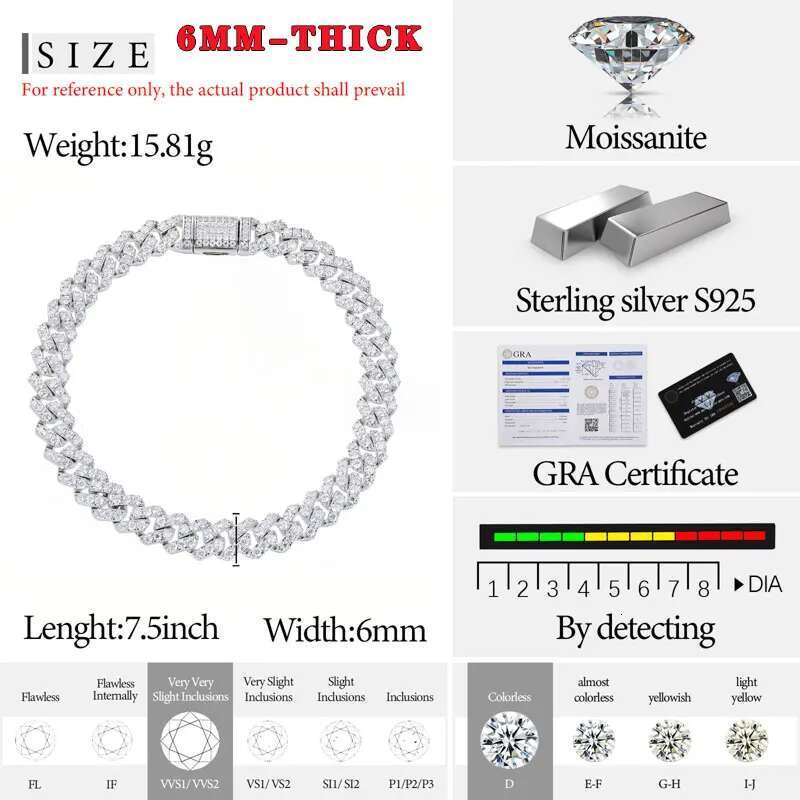 TUHE Unisex VVS1 D Color Moissanite 6mm Cuban Chain Bracelet S925 Silver For Men Hip Hop Jewelry