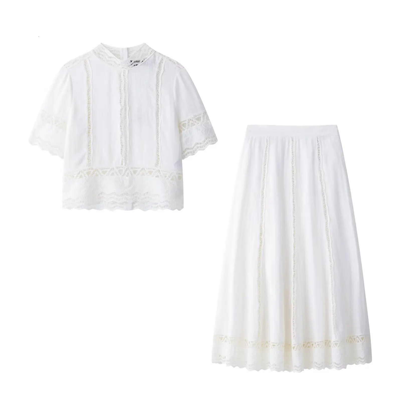 Elegant womens hollow set fashionable standing round neck button short sleeved top and Midi skiing suit casual summer set 250321
