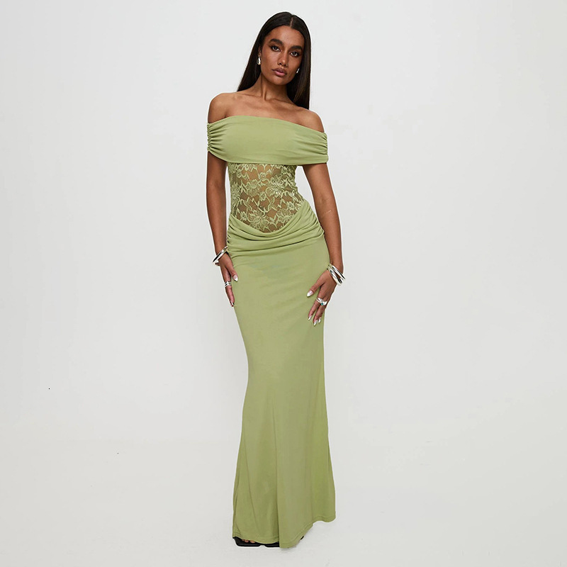 2025S Fashion Designer G DS Women S Spring Summer New One Shoulder Solid Color Splicing Lace Slimming Bag Hip Long Dress