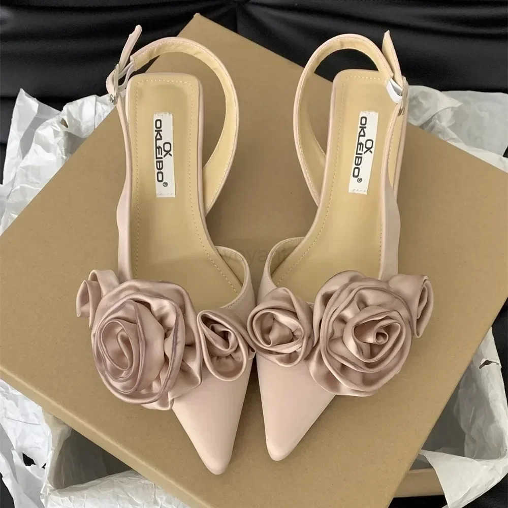 Elegant Wan Sandals High Heeled Sweet Rose Closed Toe Footwear 2024 Summer Slingback Pointed Fashion Dress Ladies Shoes Z250326