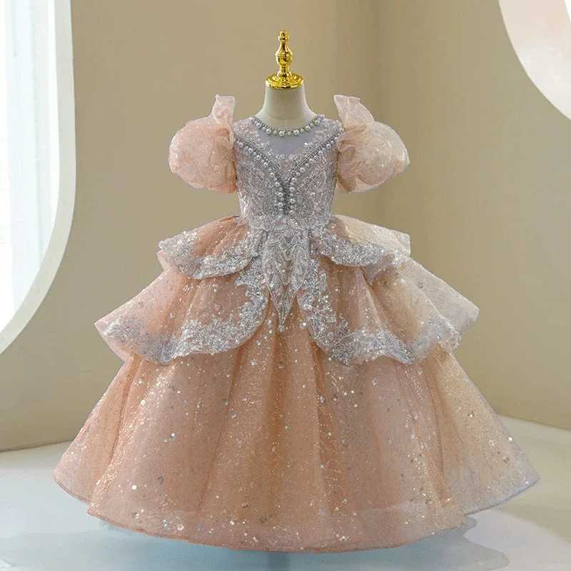 Fluffy sleeve flower girl wedding dress used for weddings children beads pleated chiffon princess Pagine dress sparkling first piece of Communion Par 