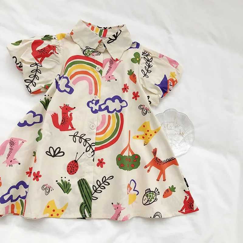 2-8T Childrens Baby Dress Summer Clothing Short Sleeve Rainbow Graffiti Printed T-shirt Fashion Baby Clothing W250326