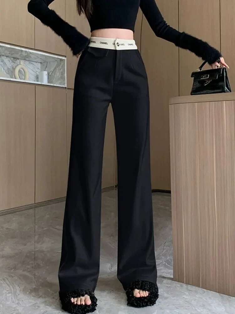 Women's Casual Contrast Spliced High Waist Straight Black Pants Street Trendy Chic Loose Trousers Spring Autumn New