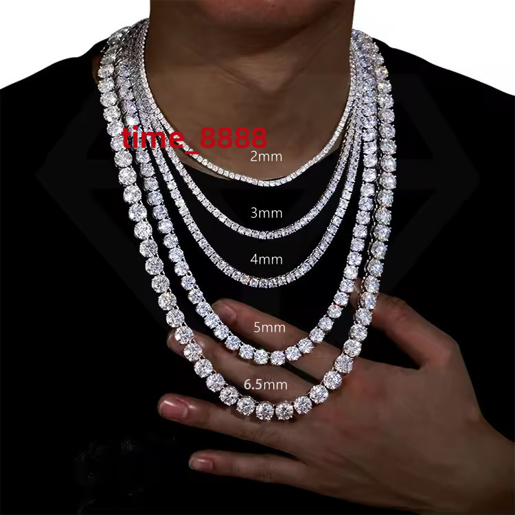 Custom Hiphop VVS Moissanite Tennis Chain 2mm 3mm 4mm 5mm 6.5mm S925 Sterling Silver Moisannite Diamond Necklace